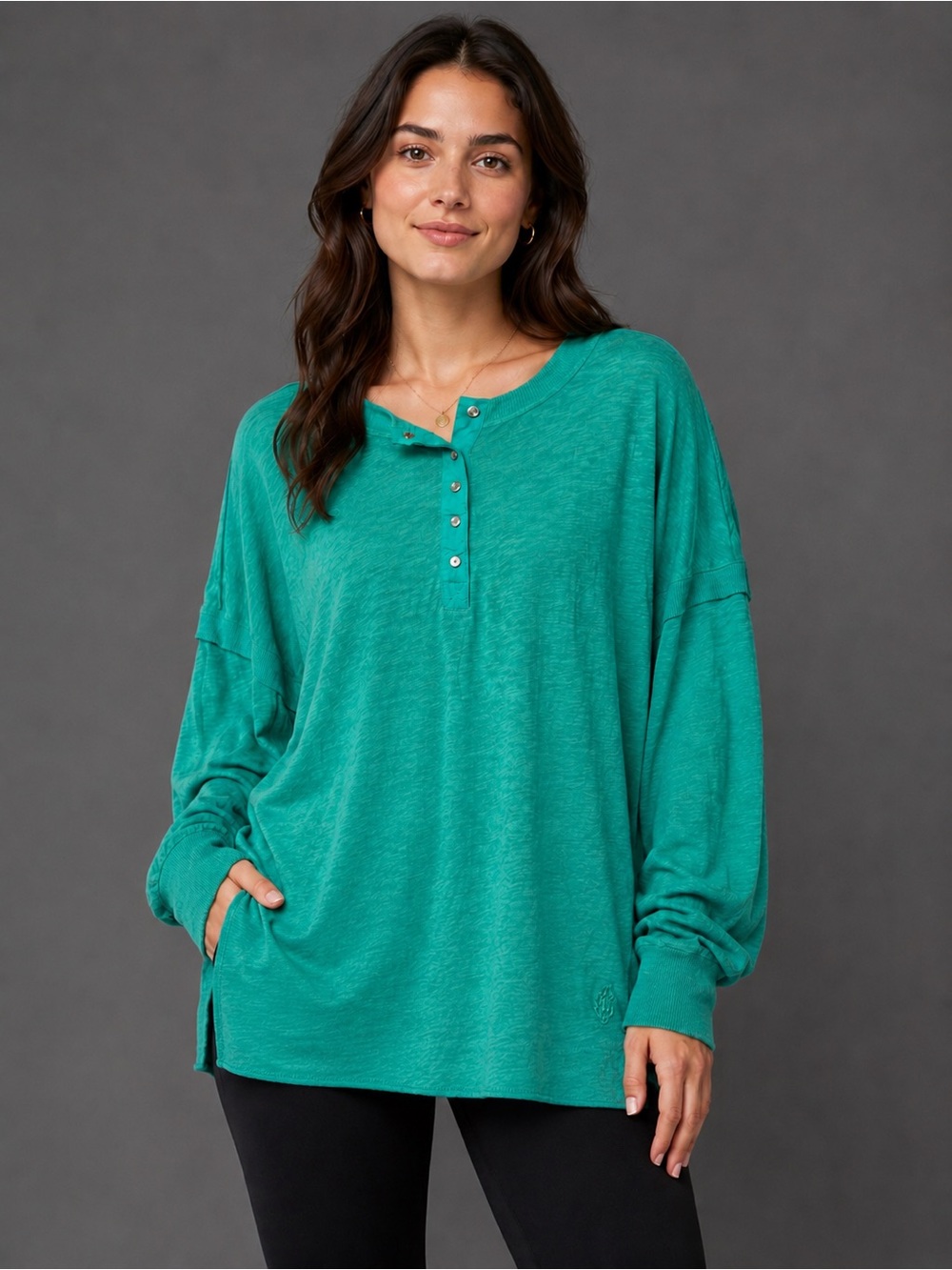 FP Movement One Up Oversized Henley Pocket Top Green XS Boho Athleisure